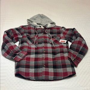Wrangler Red and Gray Plaid Hooded Shirt